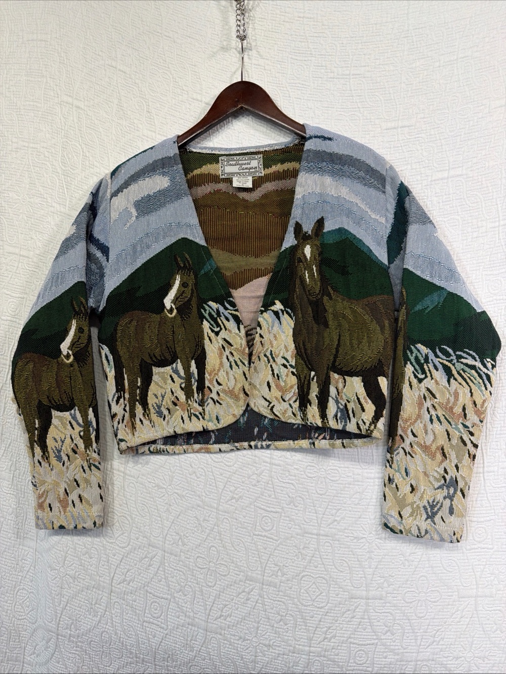 Vintage Southwest Canyon Western Bolero M Horses Tapestry Woven Crop Coat Jacket